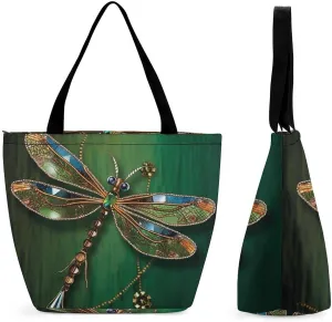Jewel Dragonfly Tote Bag Shoulder Shopping Bag Reusable Grocery Bag for Travel Work Friendship Gift