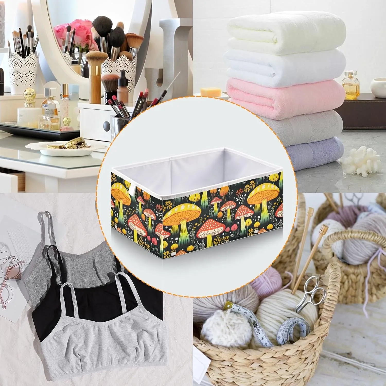 JIPONI Mushroom Magic Foldable Storage Bins Baskets, Storage Cube Box Organizers for Toys, Clothes, Closet, Shelves 16x11x7 In