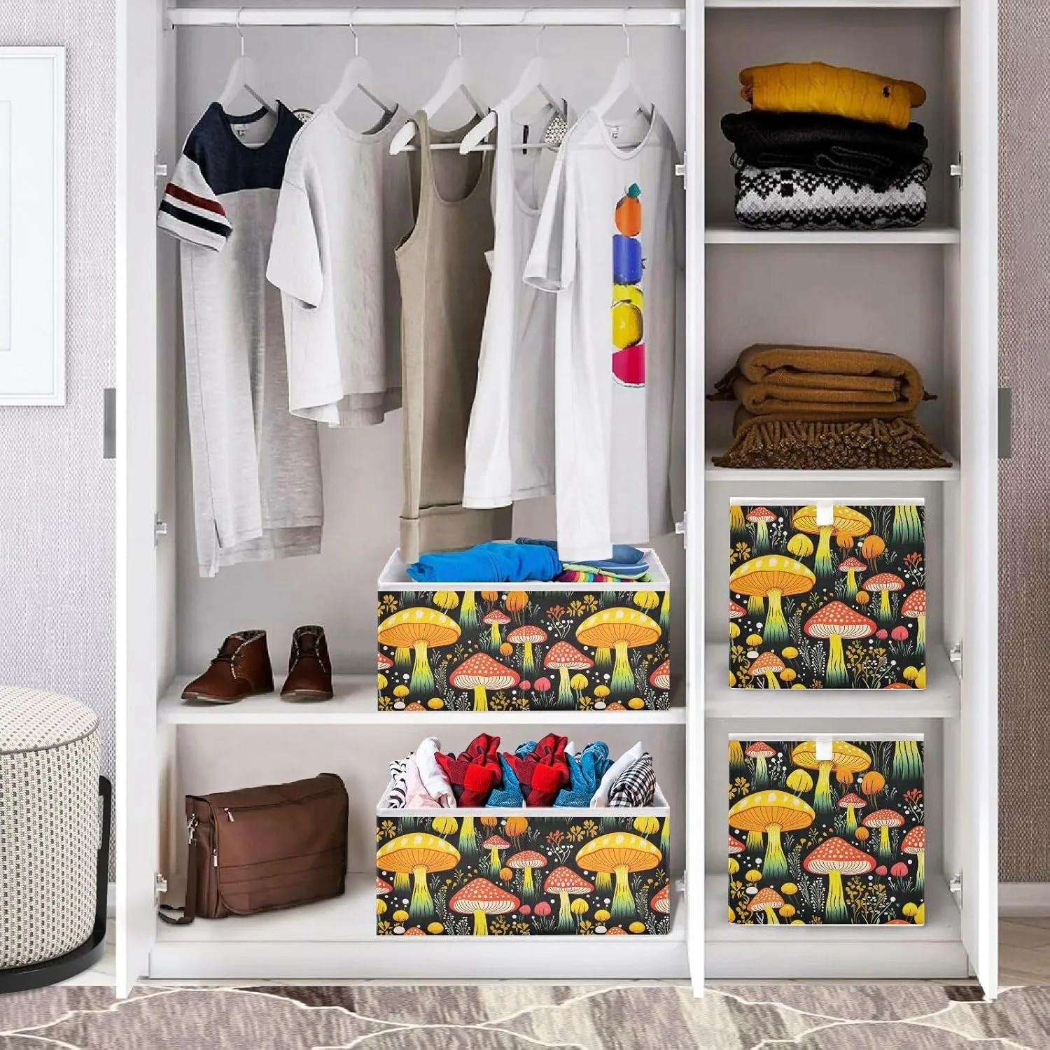 JIPONI Mushroom Magic Foldable Storage Bins Baskets, Storage Cube Box Organizers for Toys, Clothes, Closet, Shelves 16x11x7 In