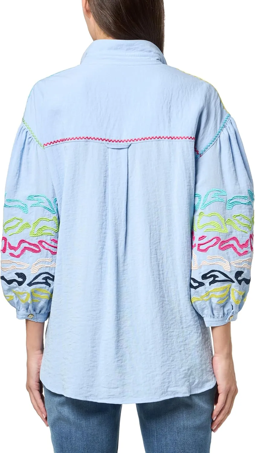 john mark Women's Embroidered Button Front Blouse with Wire Collar and Three Quarters Sleeves