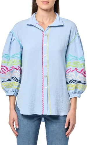 john mark Women's Embroidered Button Front Blouse with Wire Collar and Three Quarters Sleeves