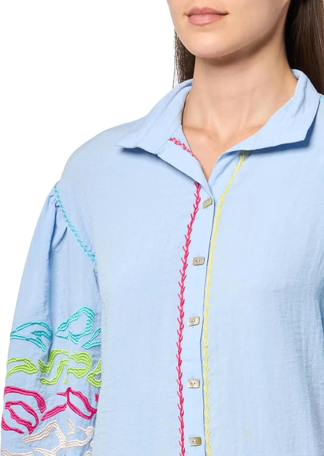 john mark Women's Embroidered Button Front Blouse with Wire Collar and Three Quarters Sleeves