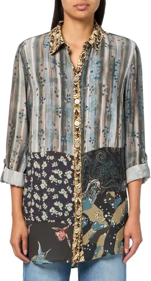 john mark Women's Mix Print Patched Button Front Tunic with Roll Tab Sleeves