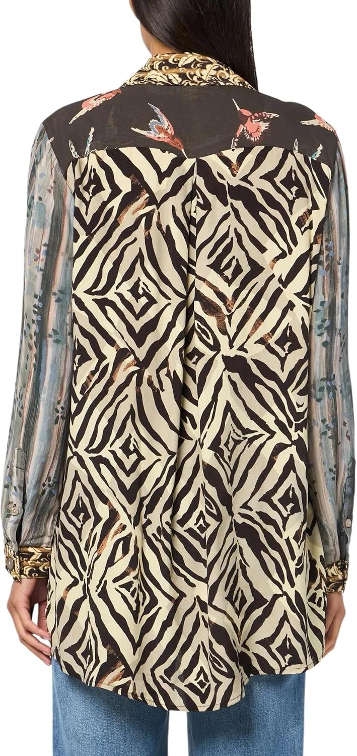 john mark Women's Mix Print Patched Button Front Tunic with Roll Tab Sleeves