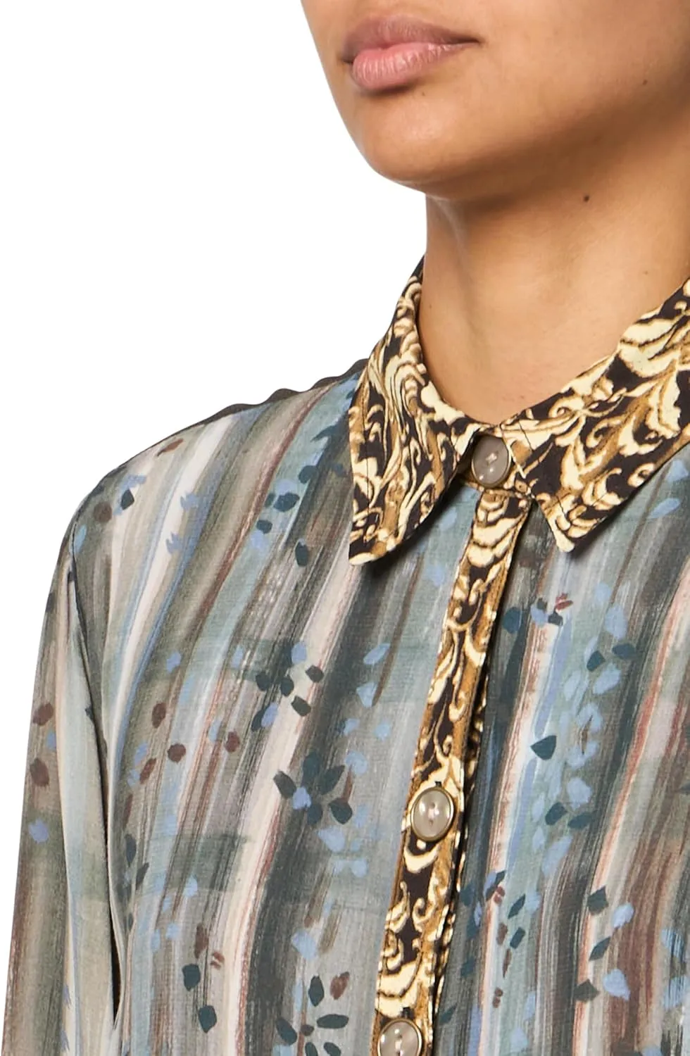 john mark Women's Mix Print Patched Button Front Tunic with Roll Tab Sleeves