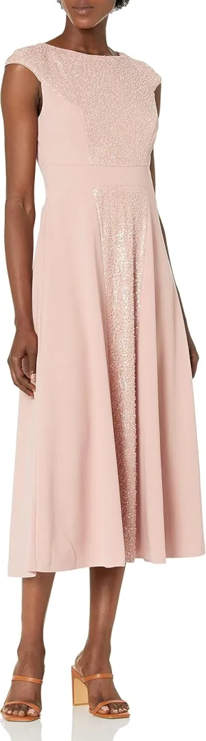 JS Collections Women's Sequin and Stretch Blocked Short Sleeve Midi Length Dress with Seamed in Crepe Waistband