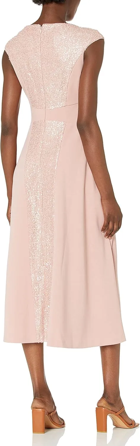 JS Collections Women's Sequin and Stretch Blocked Short Sleeve Midi Length Dress with Seamed in Crepe Waistband