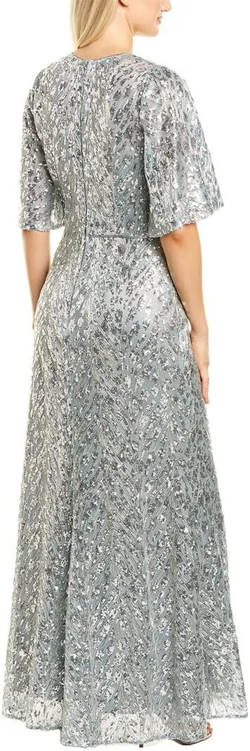 JS Collections Women's Sequin V-Neck Cape Gown with Metallic Lace Overlay
