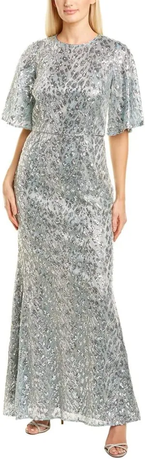 JS Collections Women's Sequin V-Neck Cape Gown with Metallic Lace Overlay
