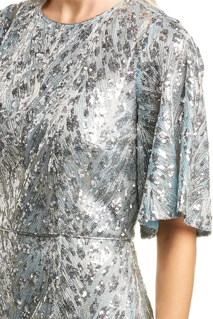 JS Collections Women's Sequin V-Neck Cape Gown with Metallic Lace Overlay