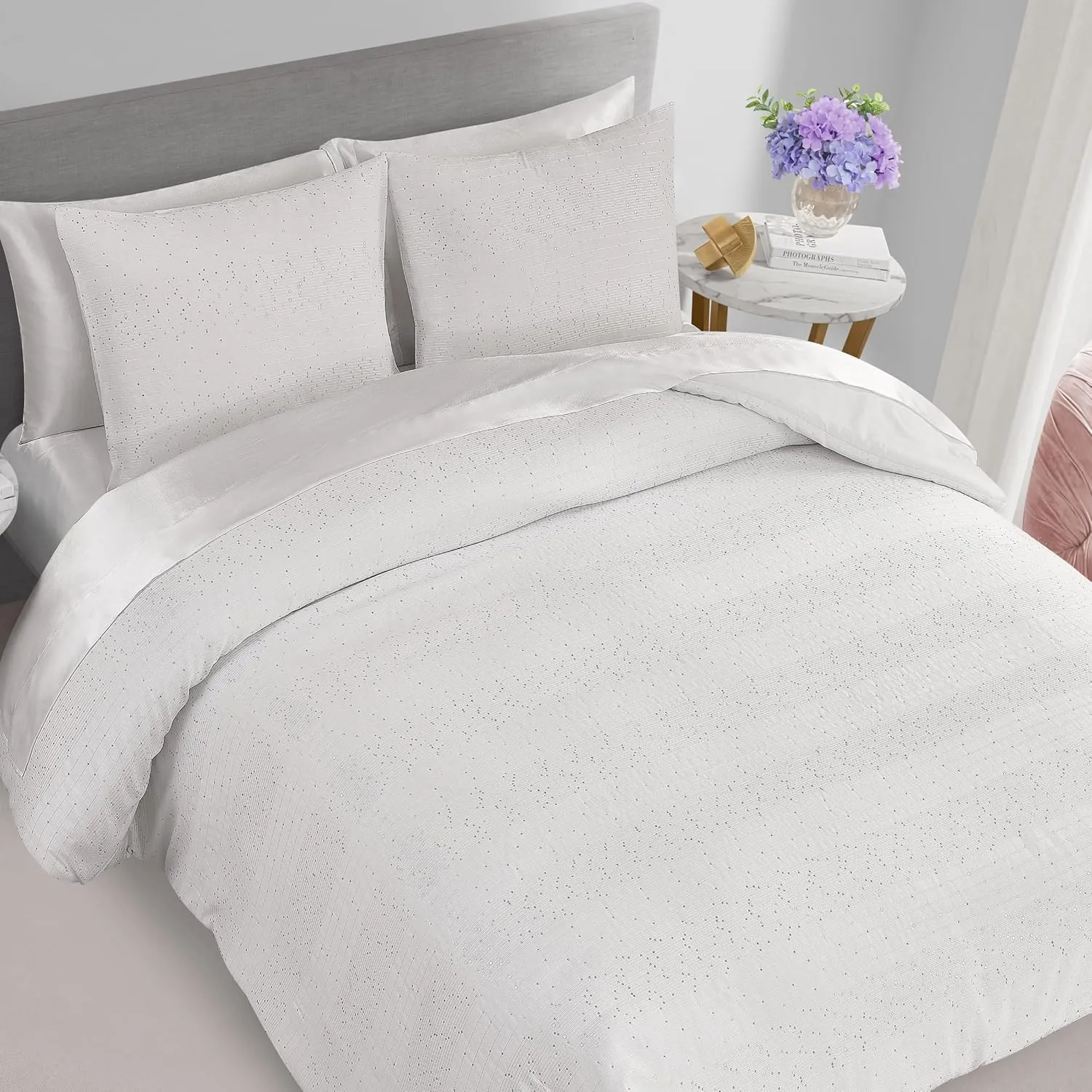 Juicy Couture Queenie Sequin White Queen/Full Comforter Set - 3 Piece Stylish Bedding Ensemble