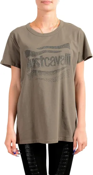 Just Cavalli Women's Olive Embellished Short Sleeve Crewneck T-Shirt US S IT 40