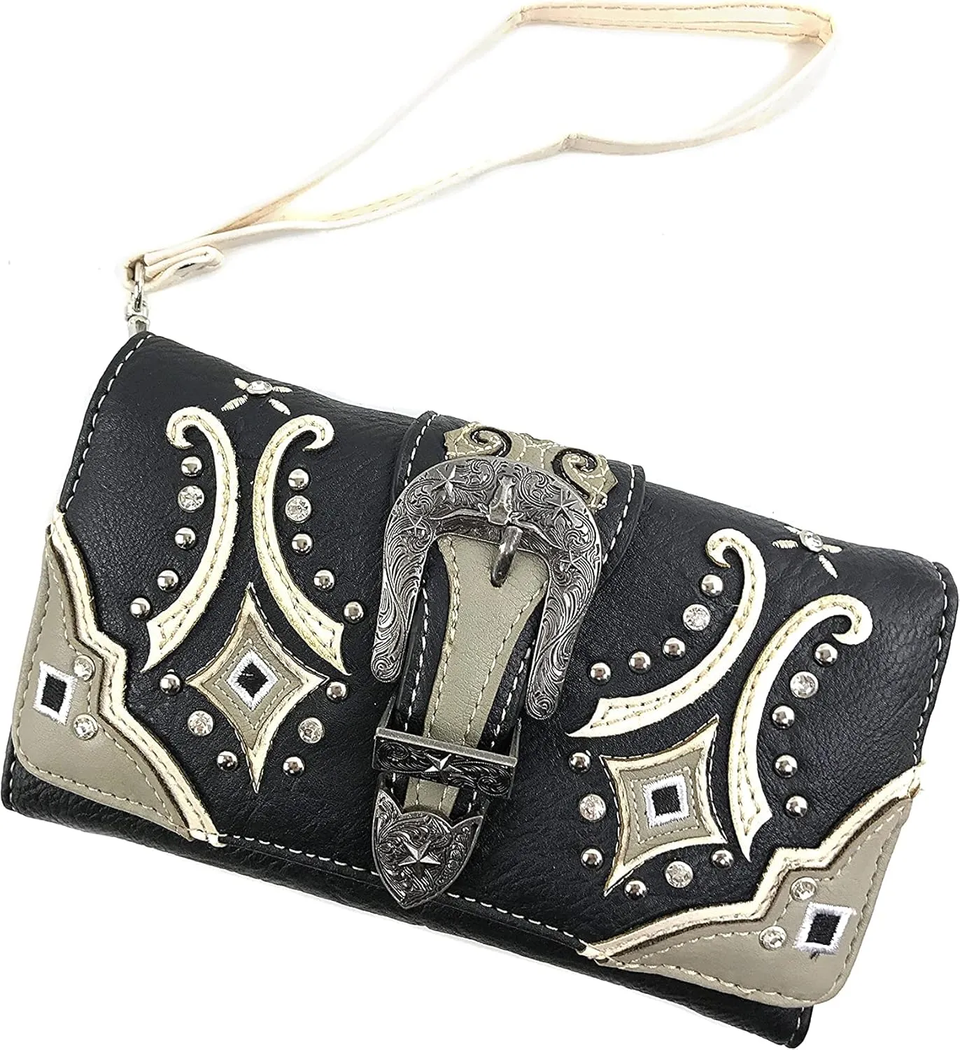 Justin West Embroidery Floral Glittering Bling Rhinestone Buckle Shoulder Concealed Carry Handbag Purse Trifold Wallet