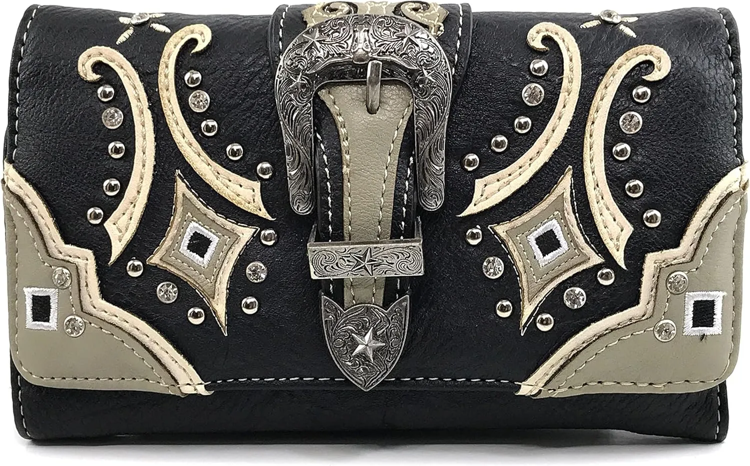 Justin West Embroidery Floral Glittering Bling Rhinestone Buckle Shoulder Concealed Carry Handbag Purse Trifold Wallet
