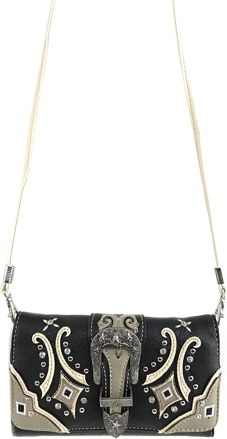 Justin West Embroidery Floral Glittering Bling Rhinestone Buckle Shoulder Concealed Carry Handbag Purse Trifold Wallet