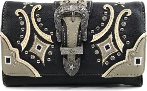 Justin West Embroidery Floral Glittering Bling Rhinestone Buckle Shoulder Concealed Carry Handbag Purse Trifold Wallet