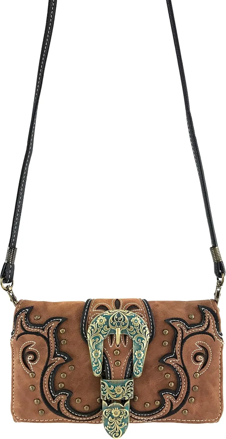 Justin West Patina Girl Western Bronze Floral Buckle Conceal Carry Handbag Purse Tote and Strap Wallet