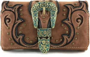 Justin West Patina Girl Western Bronze Floral Buckle Conceal Carry Handbag Purse Tote and Strap Wallet