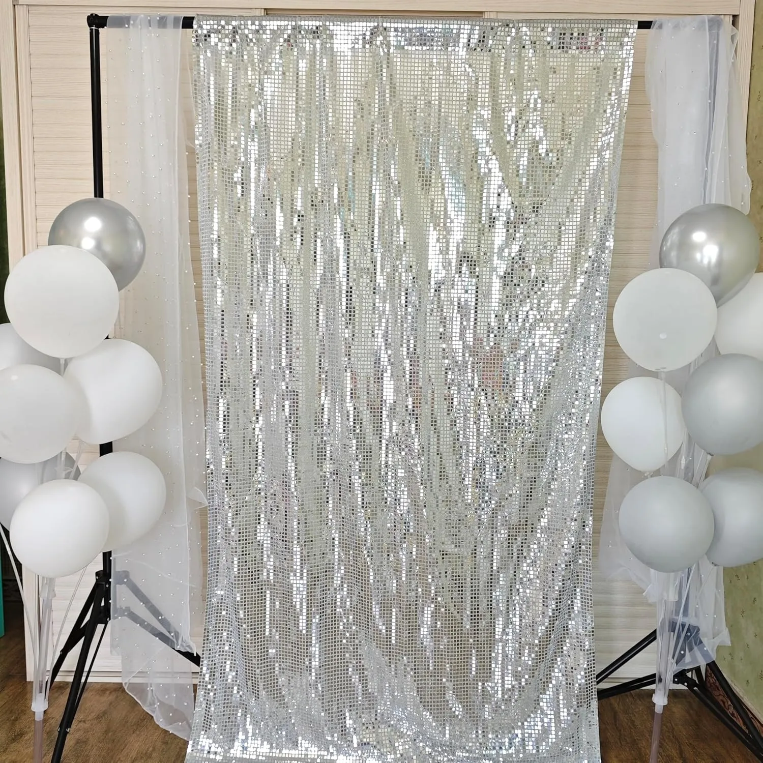 JYFLZQ Silver Disco Sequin Backdrop Curtain for Parties 4.5 x 8 ft 1 Panel 70s 80s Mirror Foil Background Glitter Sparkly Photography Photo Booth Backdrop for Birthdy Bachelorette Party Decorations