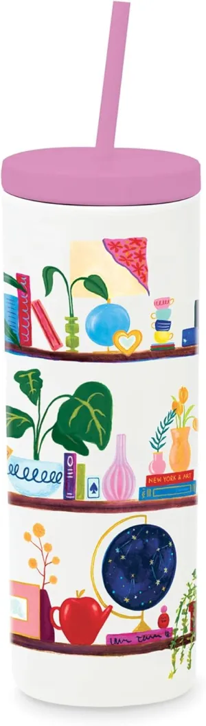 kate spade new york Acrylic Tumbler with Lid and Straw, 24 oz Tumbler, Slim Double Wall Tumbler (Charmed Library)