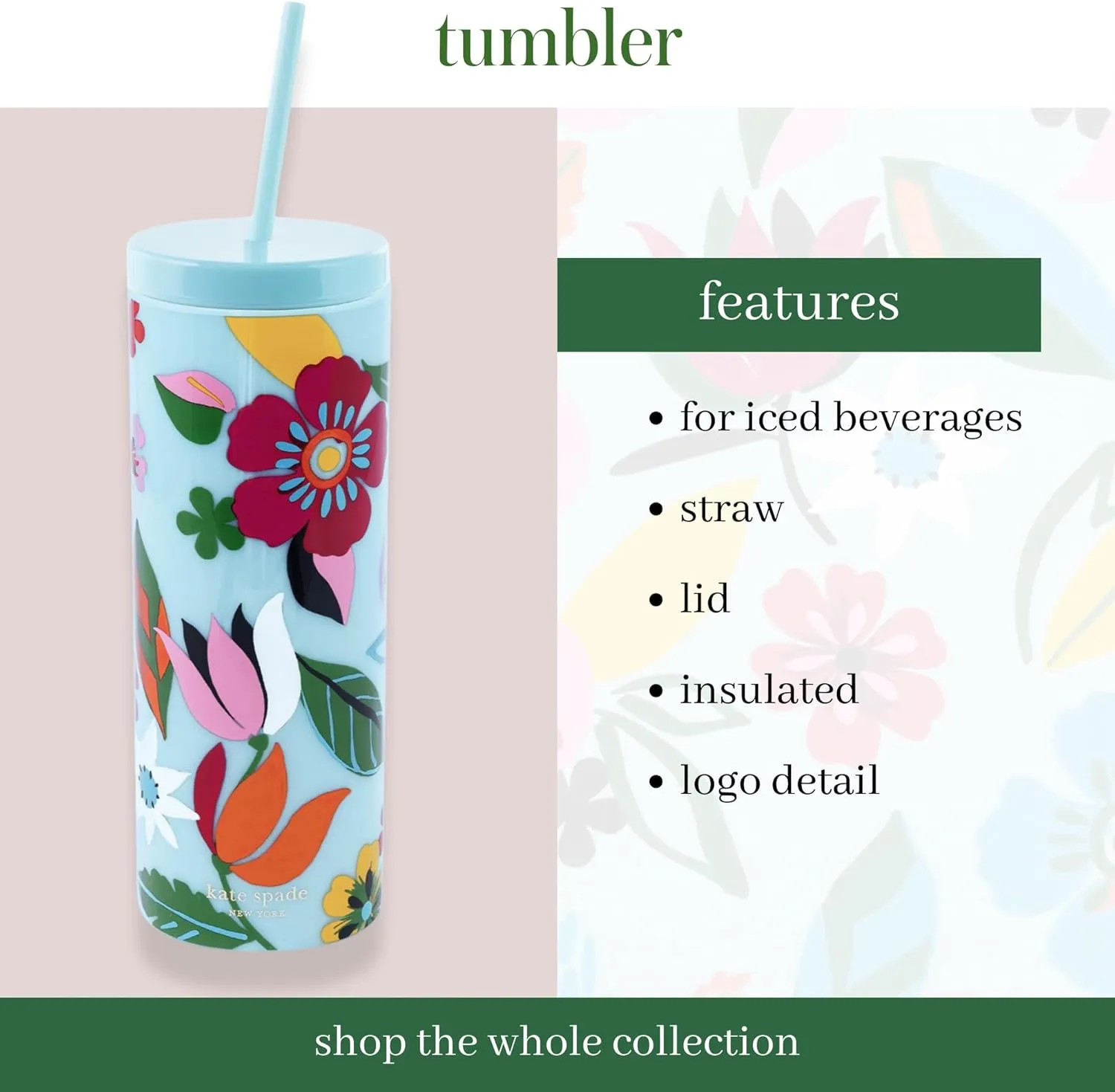 kate spade new york Acrylic Tumbler with Lid and Straw, 24 oz Tumbler, Slim Double Wall Tumbler (Safari Floral)