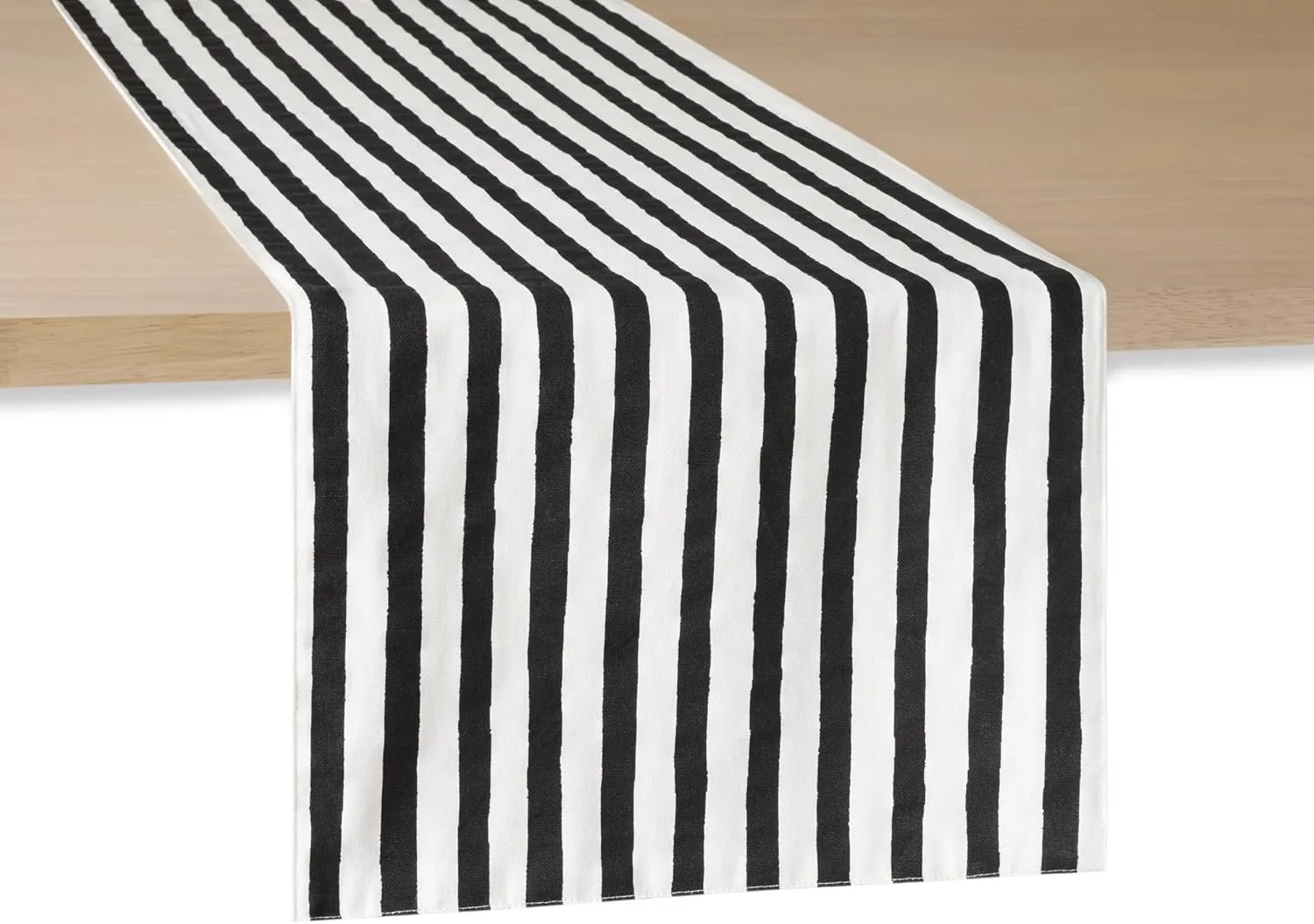 kate spade new york Hand Painted Shirting Stripe Reversible Table Runner, 100% Cotton, Cream/Black, 15"x72"