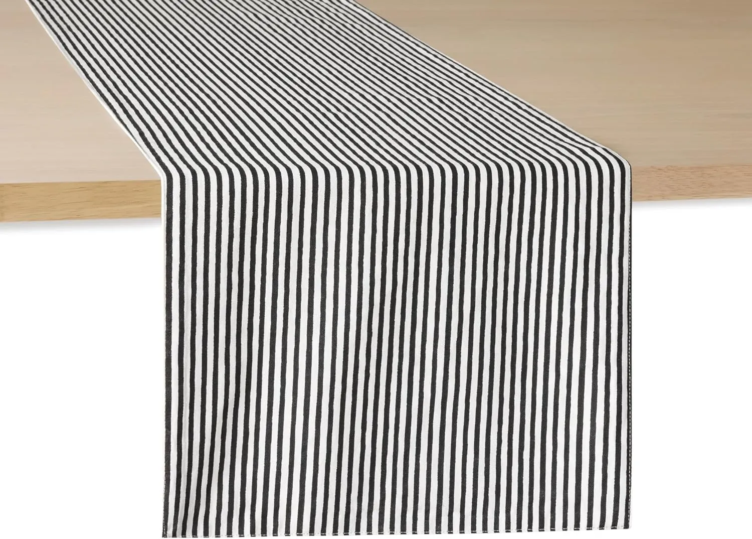 kate spade new york Hand Painted Shirting Stripe Reversible Table Runner, 100% Cotton, Cream/Black, 15"x72"