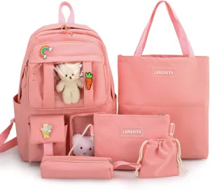 Kawaii 5PCS Backpack Set for Girls with Cute Bear Accessories - School Bookbag, Shoulder Bag, Handbag, Pen Pouch & More - Perfect for Student Back to School Supplies, Pink