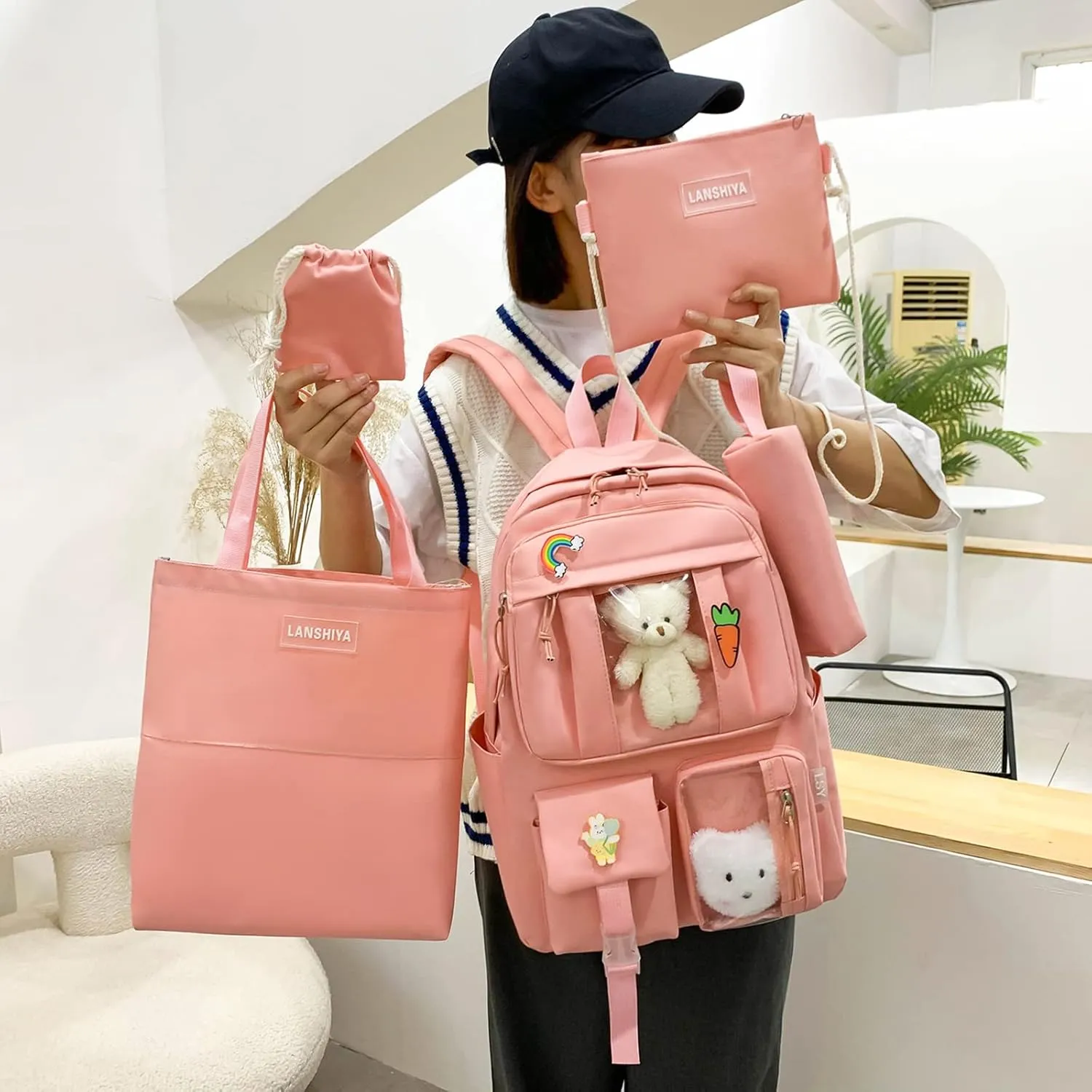 Kawaii 5PCS Backpack Set for Girls with Cute Bear Accessories - School Bookbag, Shoulder Bag, Handbag, Pen Pouch & More - Perfect for Student Back to School Supplies, Pink