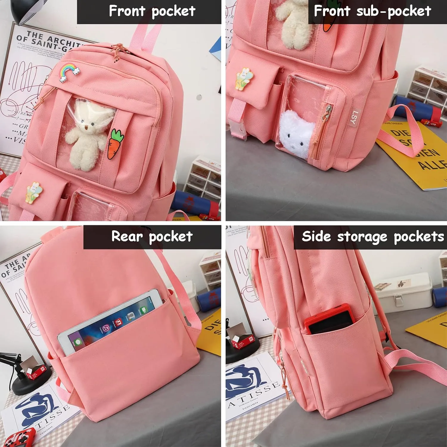 Kawaii 5PCS Backpack Set for Girls with Cute Bear Accessories - School Bookbag, Shoulder Bag, Handbag, Pen Pouch & More - Perfect for Student Back to School Supplies, Pink