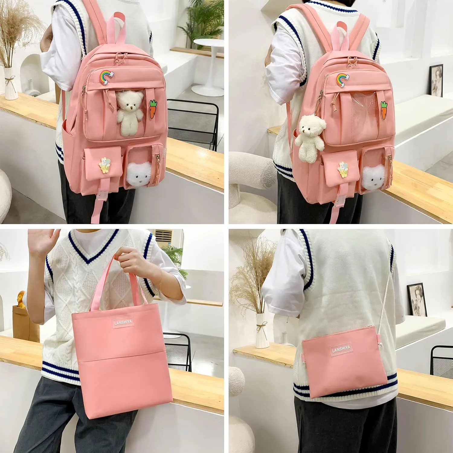 Kawaii 5PCS Backpack Set for Girls with Cute Bear Accessories - School Bookbag, Shoulder Bag, Handbag, Pen Pouch & More - Perfect for Student Back to School Supplies, Pink