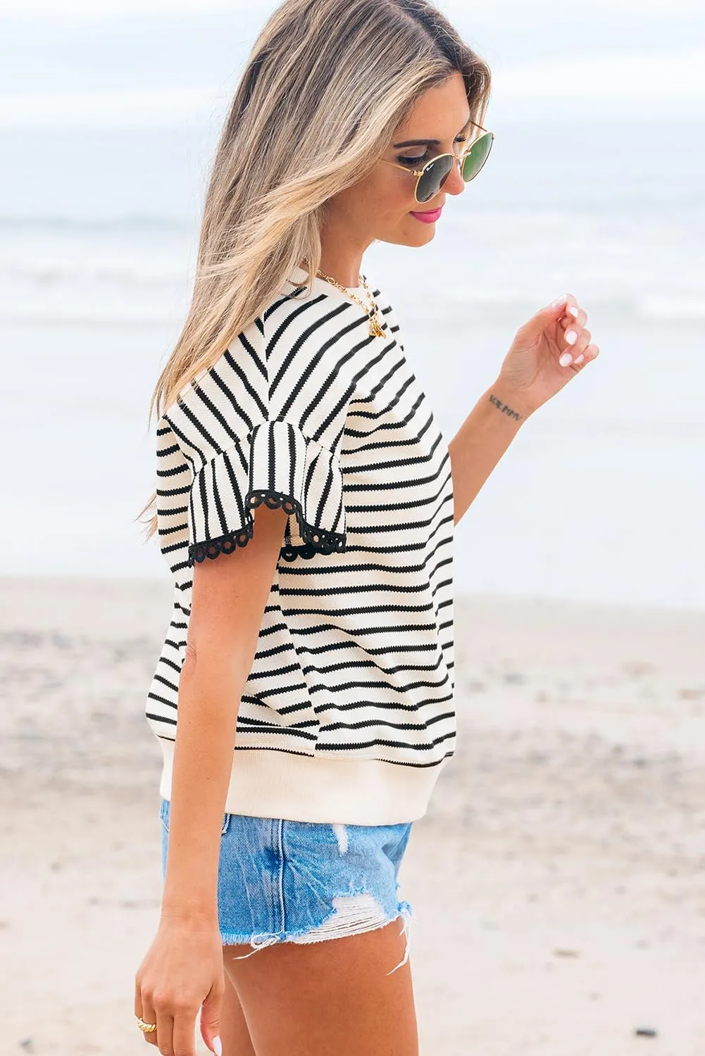 KevaMolly Women's Tshirts Tops Scallop Lace Trim Ruffle Short Sleeves Crewneck Top Country Striped Ruffle Tops