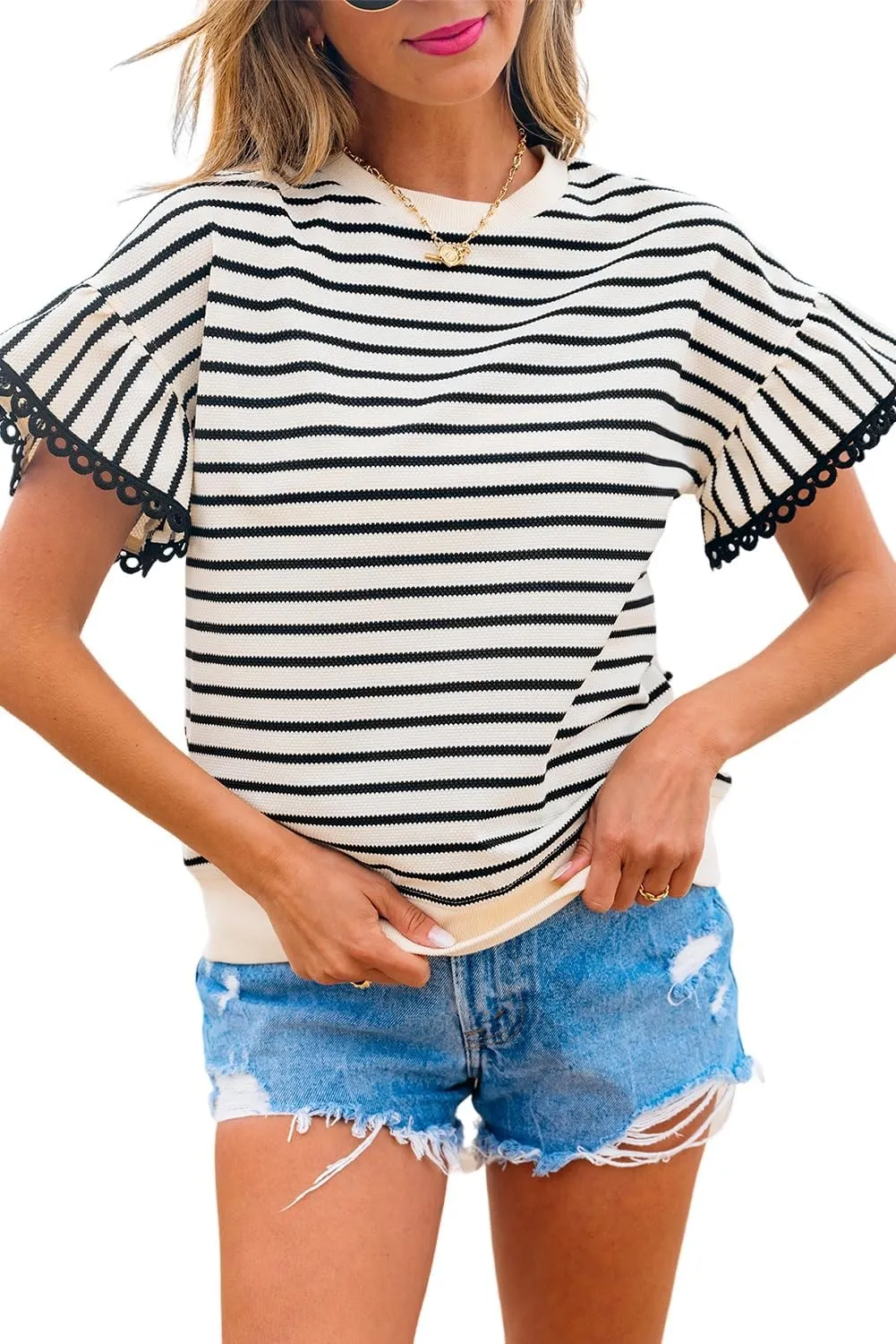 KevaMolly Women's Tshirts Tops Scallop Lace Trim Ruffle Short Sleeves Crewneck Top Country Striped Ruffle Tops