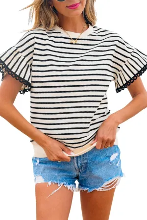 KevaMolly Women's Tshirts Tops Scallop Lace Trim Ruffle Short Sleeves Crewneck Top Country Striped Ruffle Tops