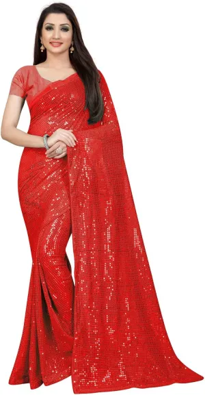 kfgroup Women's Woven Pure Georgette Saree Ethnic Dresses Wedding Sari with Blouse Piece (Red)