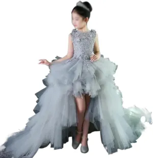 Kids Dresses Girl Long Trailing Prom Tulle Gowns Appliques Lace Wedding Bridesmaid Dress