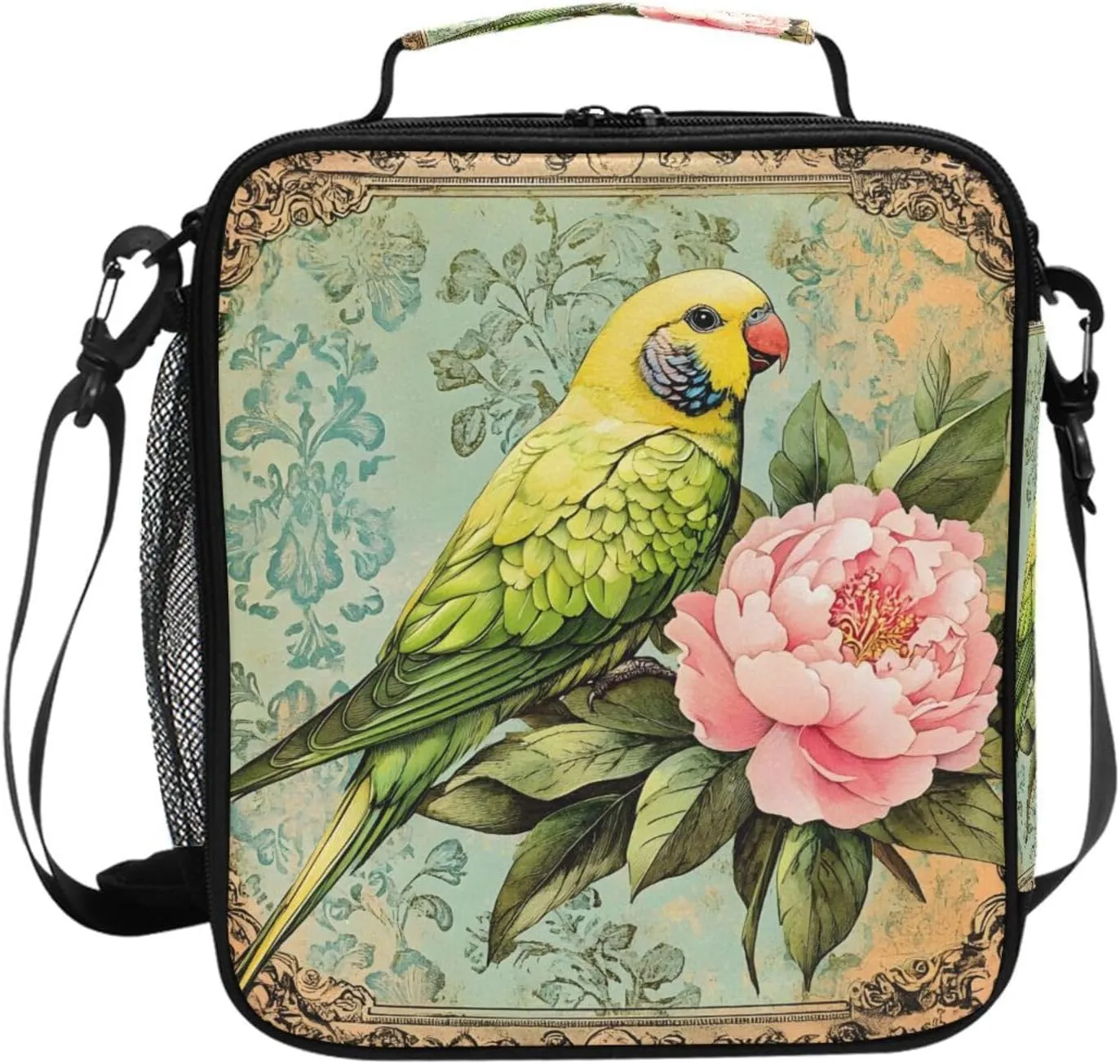 Kids Lunch Box Bird Parrot Flowers Spring Cooler Insulated for Boys and Girls, Lunch Bag with Shoulder Strap for School, Picnic Meal