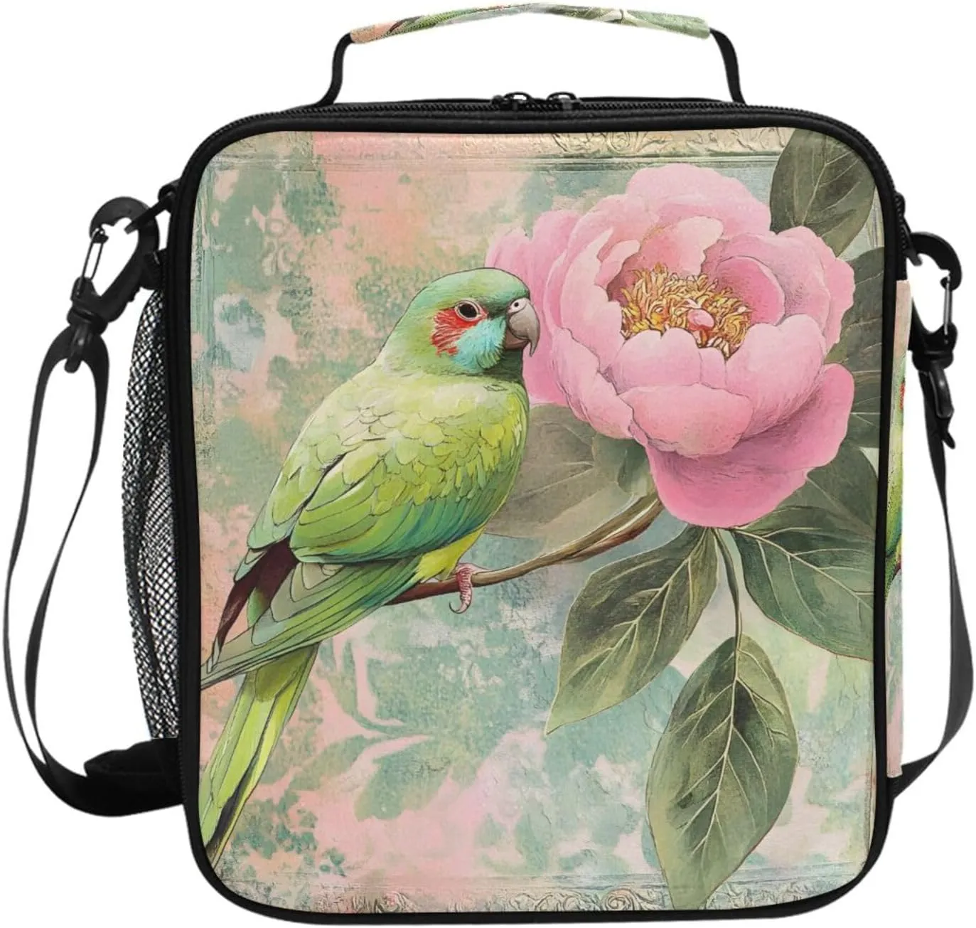 Kids Lunch Box Bird Parrot Flowers Spring Cooler Insulated for Boys and Girls, Lunch Bag with Shoulder Strap for School, Picnic Meal
