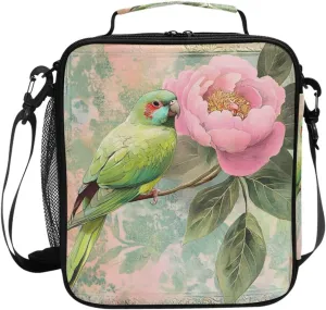 Kids Lunch Box Bird Parrot Flowers Spring Cooler Insulated for Boys and Girls, Lunch Bag with Shoulder Strap for School, Picnic Meal