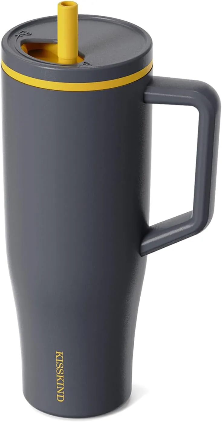 KISSKIND 40 oz Tumbler with Handle and Straw | 100% Leakproof Insulated Tumbler with Lid and Straw | Stainless Steel Water Bottle | Cup Holder Friendly Base | Gray