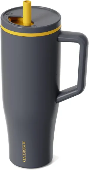 KISSKIND 40 oz Tumbler with Handle and Straw | 100% Leakproof Insulated Tumbler with Lid and Straw | Stainless Steel Water Bottle | Cup Holder Friendly Base | Gray