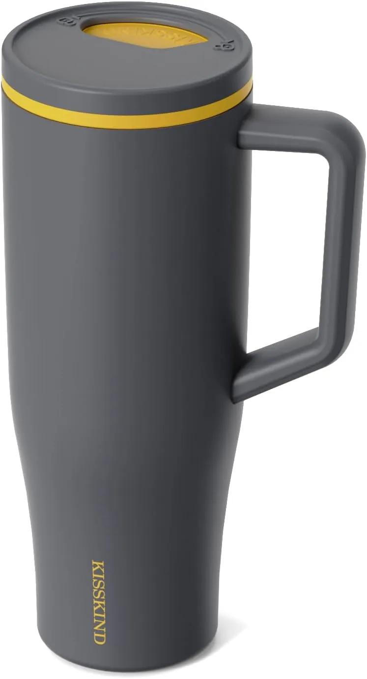 KISSKIND 40 oz Tumbler with Handle and Straw | 100% Leakproof Insulated Tumbler with Lid and Straw | Stainless Steel Water Bottle | Cup Holder Friendly Base | Gray