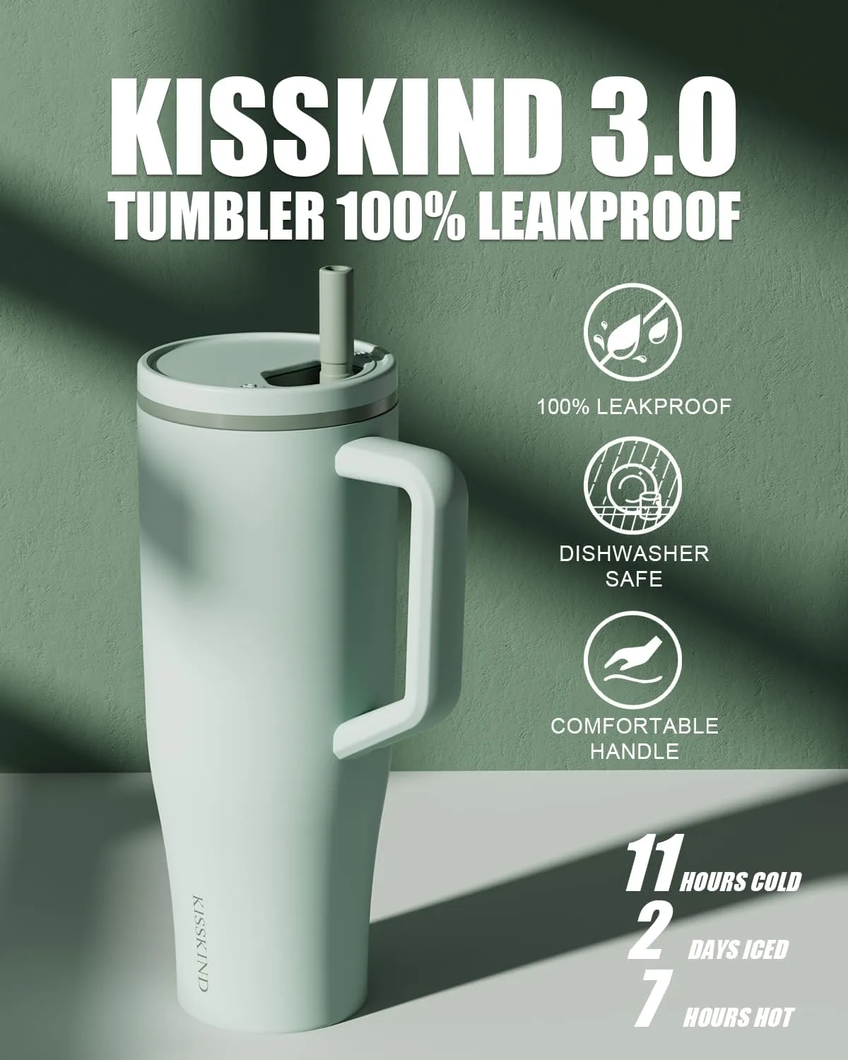 KISSKIND 40 oz Tumbler with Handle and Straw | 100% Leakproof Insulated Tumbler with Lid and Straw | Stainless Steel Water Bottle | Cup Holder Friendly Base | Green