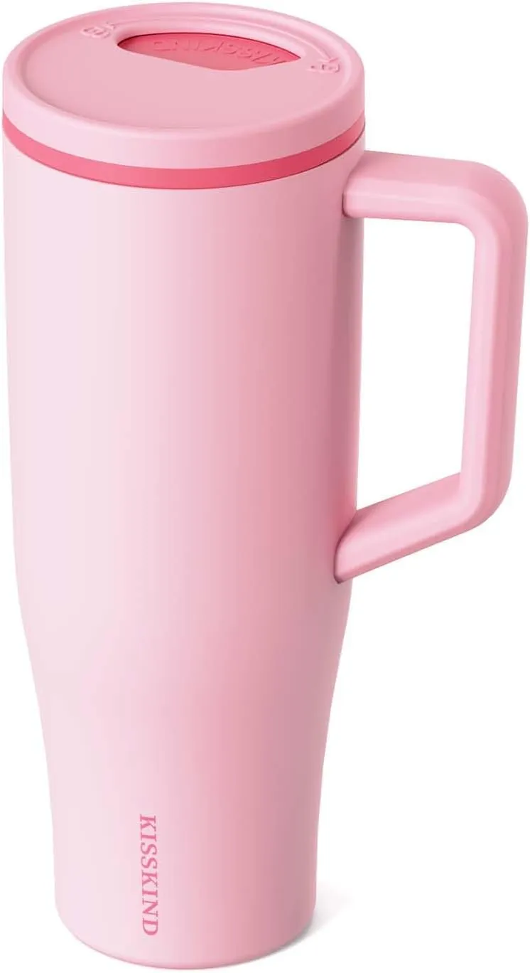 KISSKIND 40 oz Tumbler with Handle and Straw | 100% Leakproof Insulated Tumbler with Lid and Straw | Stainless Steel Water Bottle | Cup Holder Friendly Base | Pink