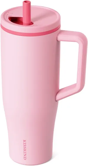KISSKIND 40 oz Tumbler with Handle and Straw | 100% Leakproof Insulated Tumbler with Lid and Straw | Stainless Steel Water Bottle | Cup Holder Friendly Base | Pink