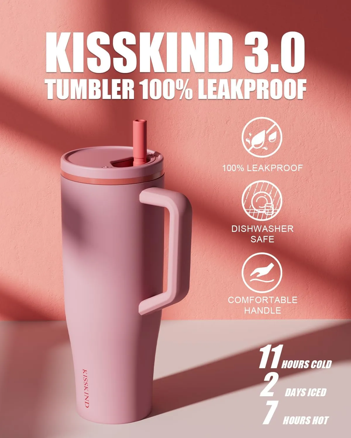 KISSKIND 40 oz Tumbler with Handle and Straw | 100% Leakproof Insulated Tumbler with Lid and Straw | Stainless Steel Water Bottle | Cup Holder Friendly Base | Pink