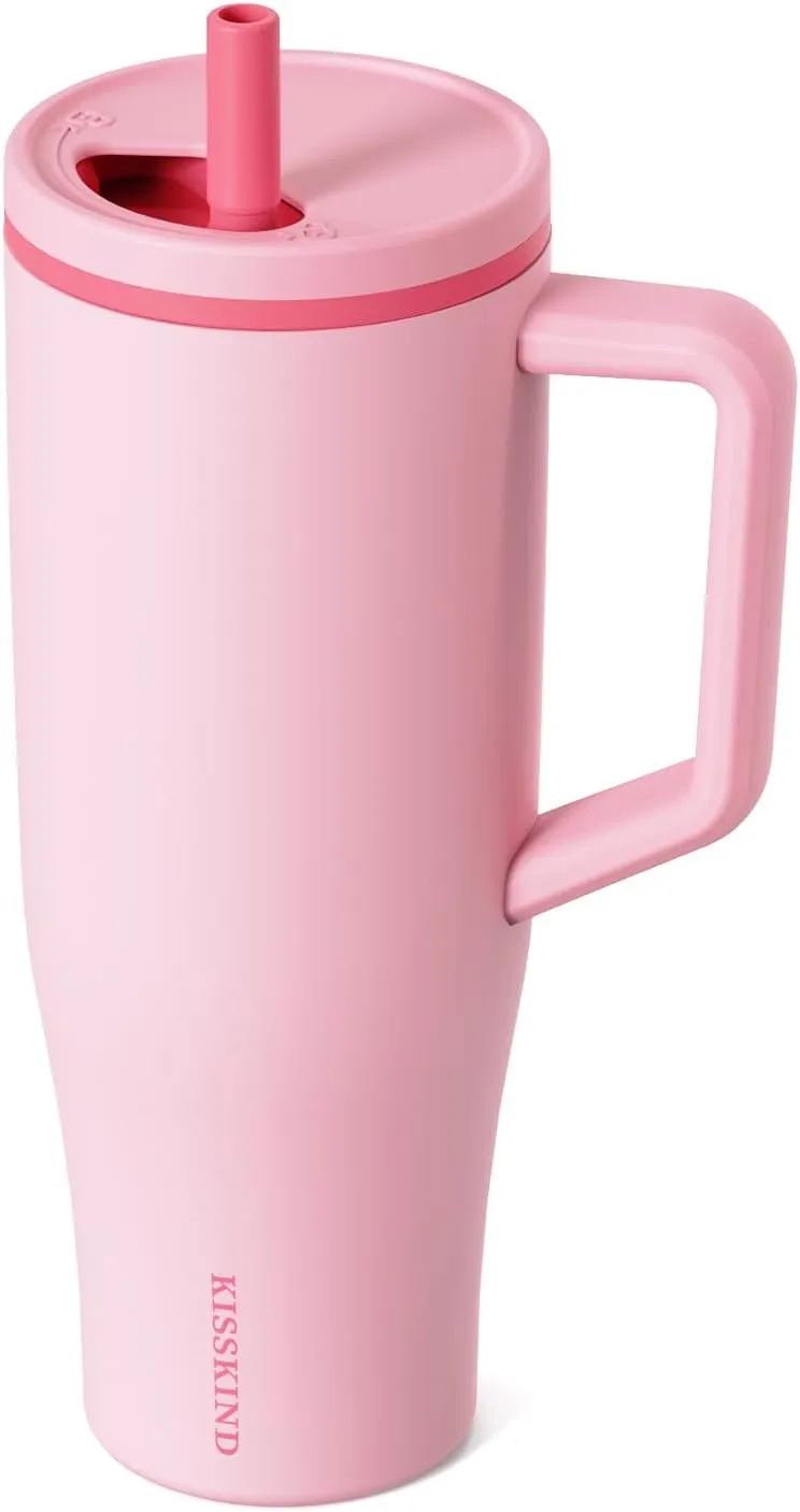 KISSKIND 40 oz Tumbler with Handle and Straw | 100% Leakproof Insulated Tumbler with Lid and Straw | Stainless Steel Water Bottle | Cup Holder Friendly Base | Pink