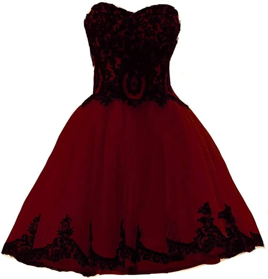Kivary Short Tulle Vintage Black Lace Gothic Prom Homecoming Cocktail Party Dresses