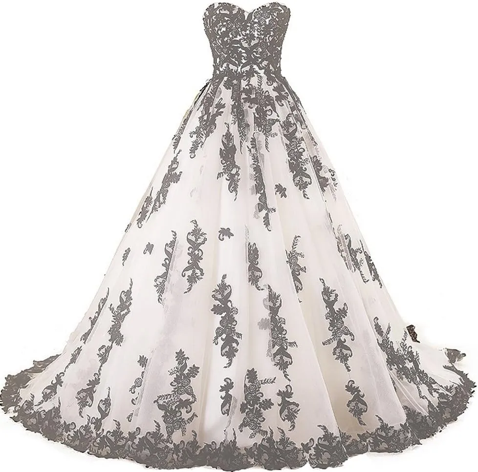 Kivary Vintage Gothic Black Lace Ball Gown Long Prom Dresses Wedding Gowns