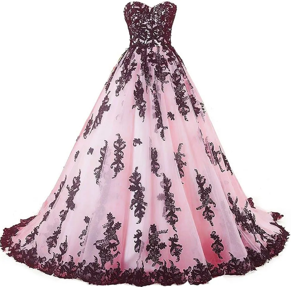 Kivary Vintage Gothic Black Lace Ball Gown Long Prom Dresses Wedding Gowns